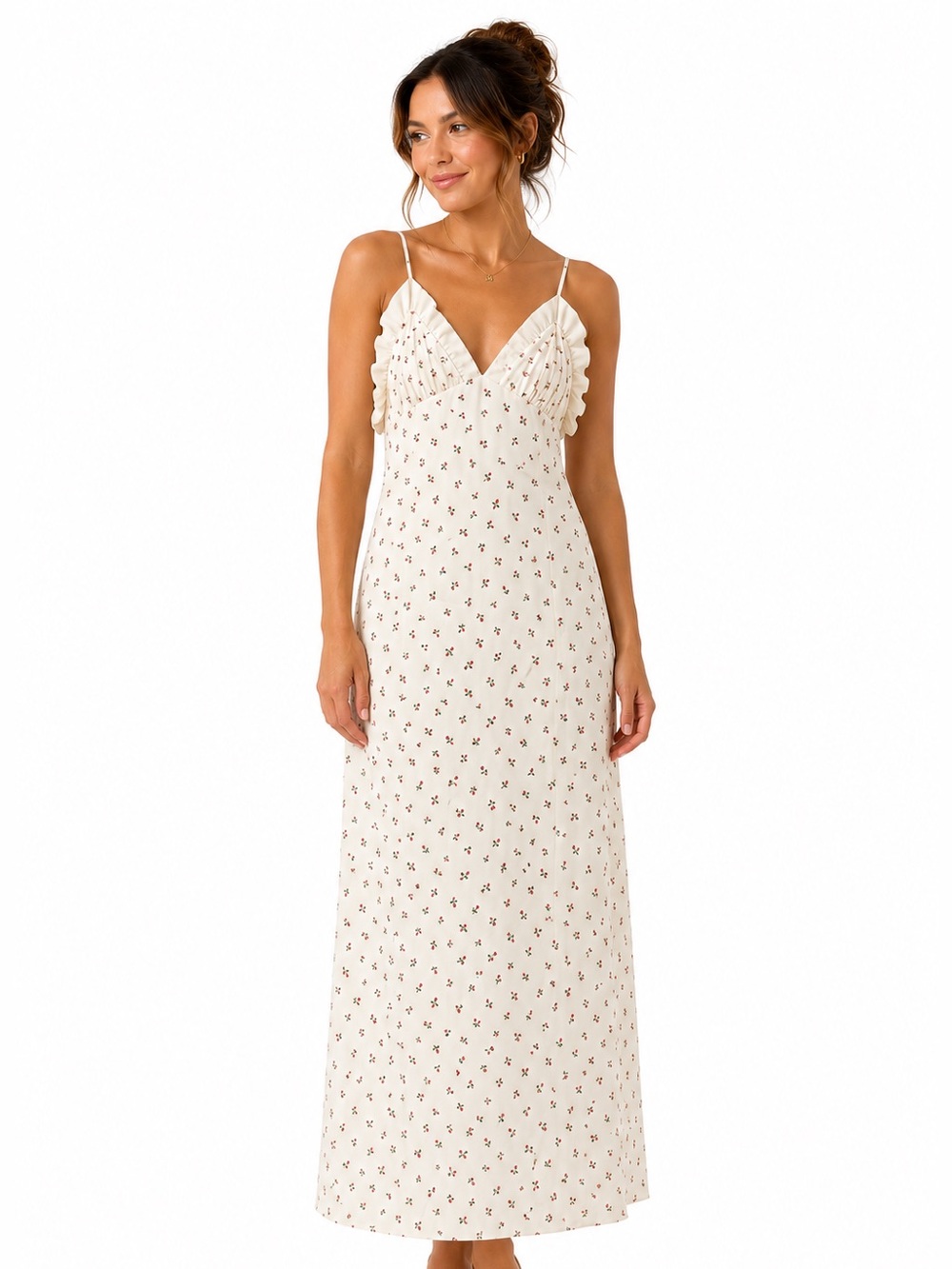 Sister Jane Cream Floral Ruffle-Shoulder Maxi Slip Dress